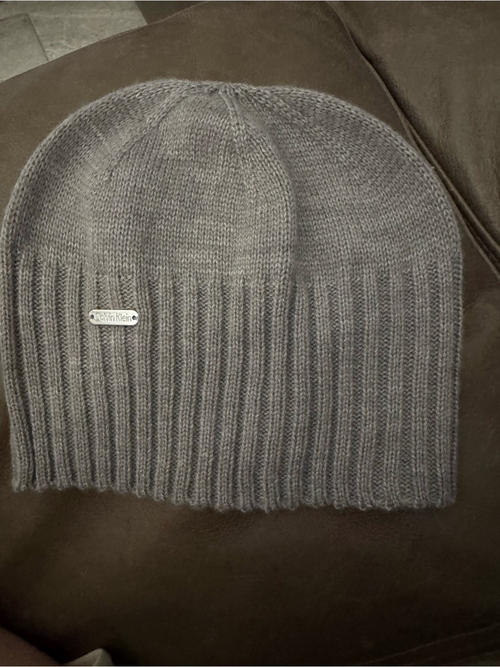 Calvin Klein Charcoal Ribbed Knit Beanie with Logo Plaque